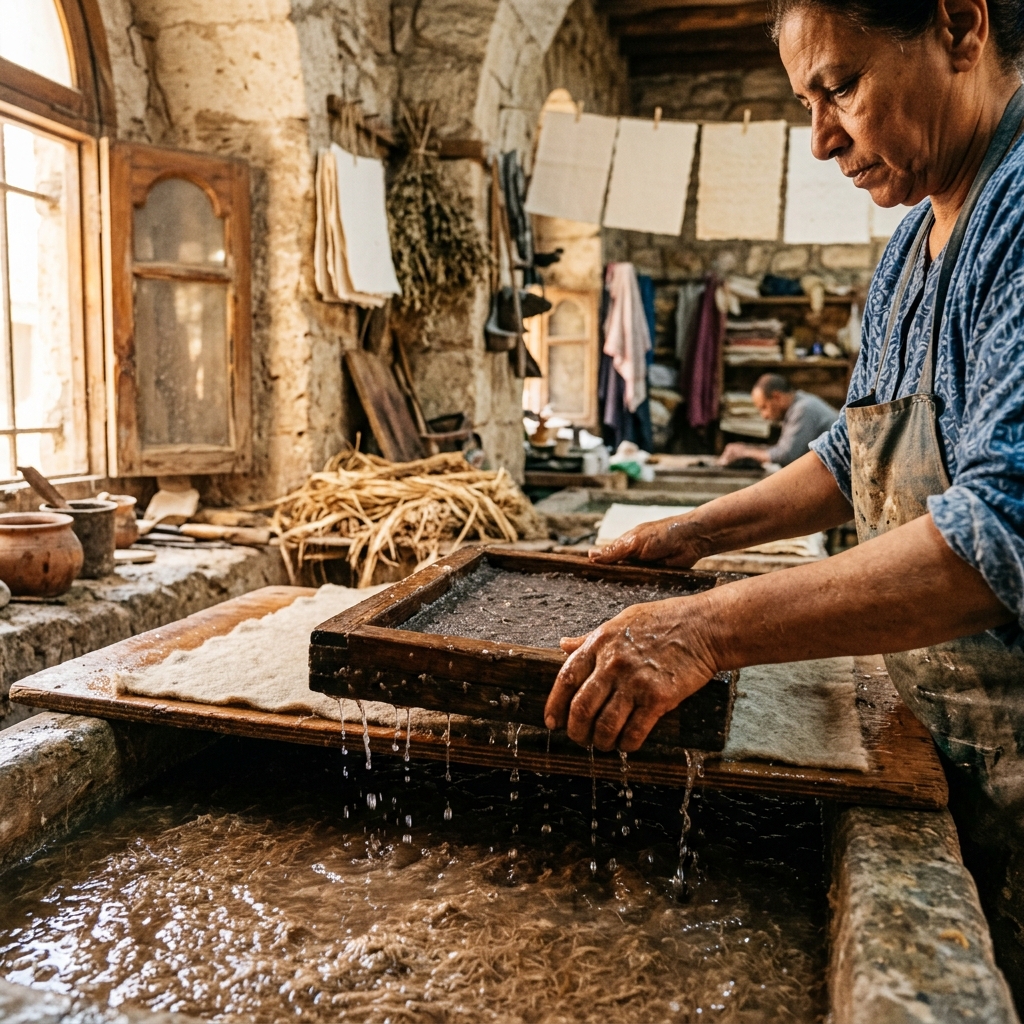 Artisan hands pressing handmade paper from pulp in a wooden mold, natural Egyptian workshop