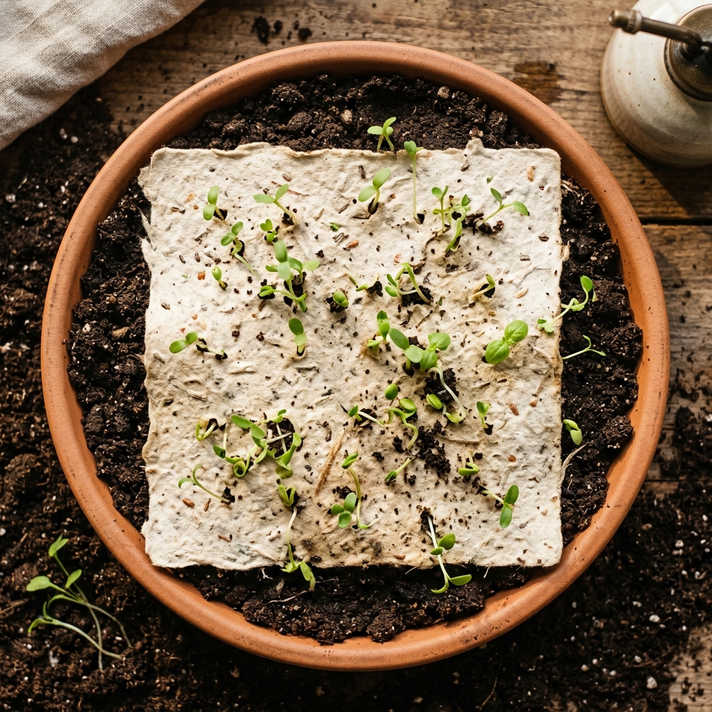 Plantable seed paper with wildflower seedlings sprouting from earthy soil